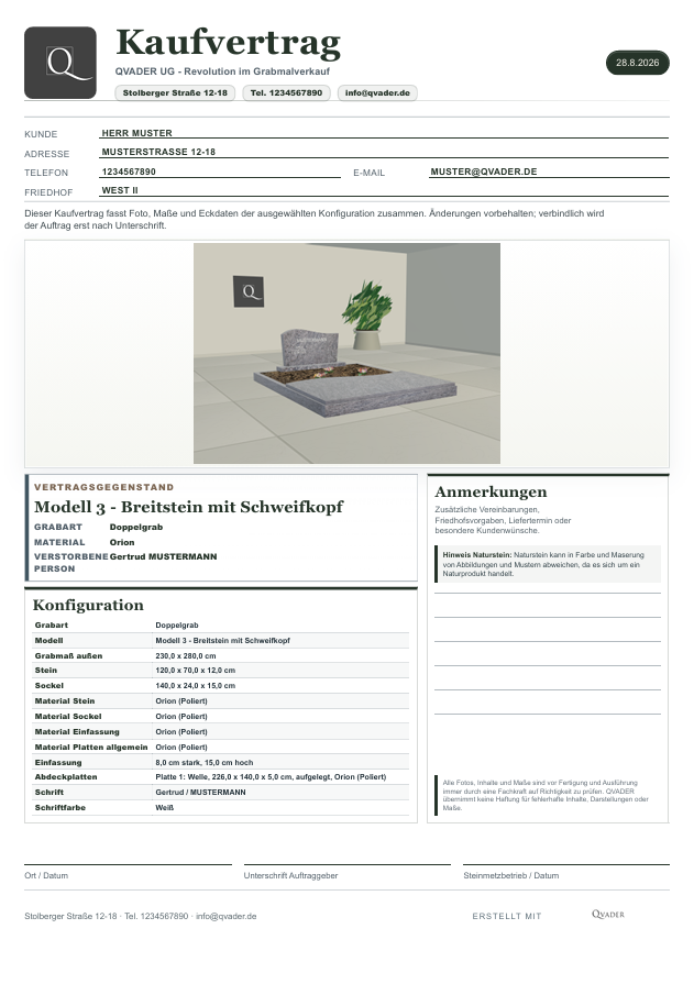 Neuer QVADER-Kaufvertrag mit Kundendaten, Grabmal-Konfiguration und Unterschriftsfeldern